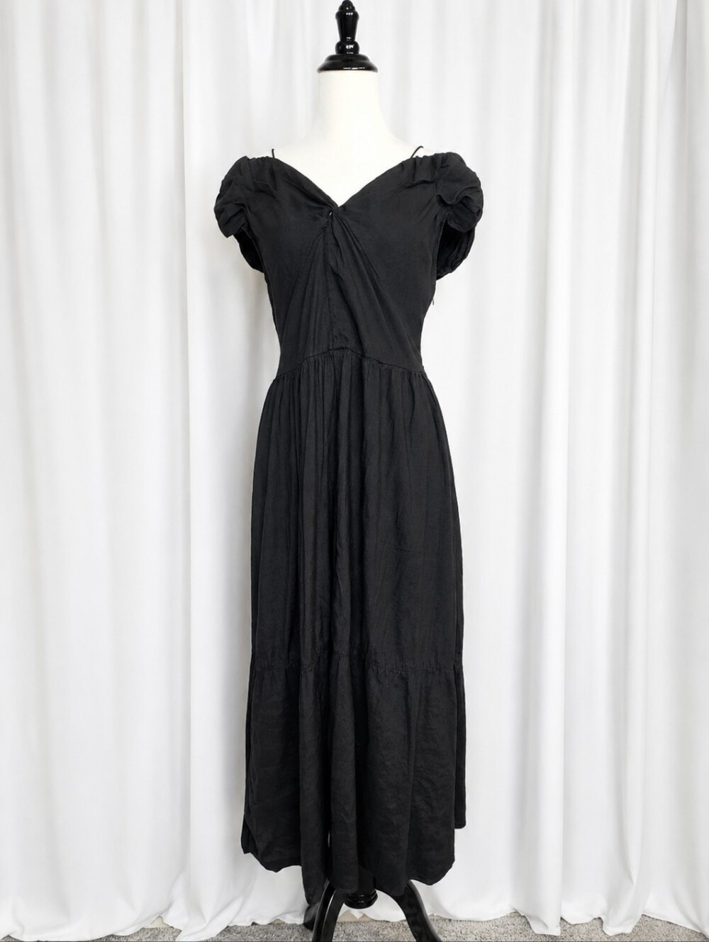 Vince Black Linen Romantic Twisted Neckline Puff Sleeve Off Shoulder Midi Dress